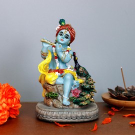 BangBangDa Indian Lord Krishna Idol Statue - 4.3" H Hindu God Krishna Diwali Gifts for India Friend Small Krishna Home Temple Mandir Pooja Murti Item Altar Meditation Yoga Room Spiritual Decor