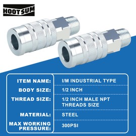 HOOTSUM 1/2” Air Hose Fittings Set, High Flow 2PCS I/M Industrial Type Coupler with 1/2” MNPT, 3PCS Plugs with 1/2” NPT, 5PCS Steel Air Compressor Accessories Quick Connect Fittings 300PSI