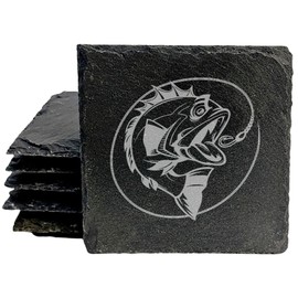 Fierce Bass Bites: Laser-Etched Slate Coasters - Unique Fishing-Themed Drink Mats for Home decor - Square Slate - set of 8