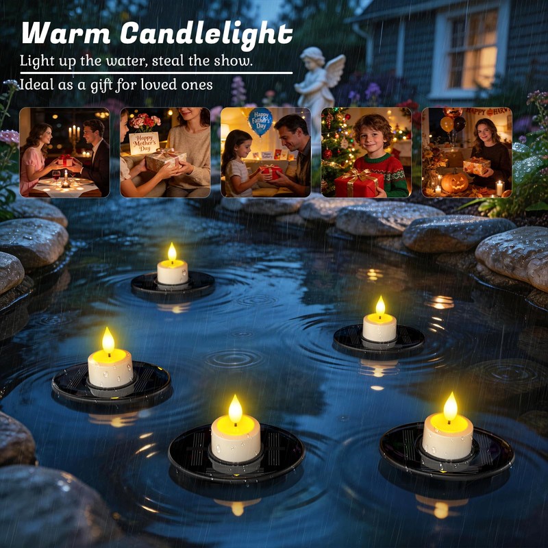 PChero Solar Floating Pool Lights, IP68 Waterproof Outdoor Tea Lights,