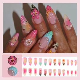 24 Pcs Ombre Pink Press on Nails Short Almond Nail Tips,YEFIUO Summer Fake Nails Press ons Shell French Glue on Nails Acrylic Nail Art Kit Full Cover Reusable False Nails with Flower Design for Ma'am