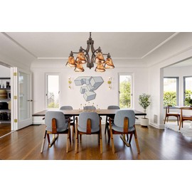 Lanpesting Vintage Farmhouse Chandelier, 27 Inch Adjustable Amber Glass Rust-Finish Metal Pendant Light Fixture for Living Room, Bedroom, Dining Room, Kitchen Lighting (6-Light)