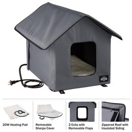 Heated Cat House - Double-Door Cat Bed with Zippered Roof, Pet Heating Pad, and Sherpa Cover - for Garage, Porch, Barn, or Basement by PETMAKER (Gray)