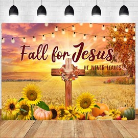 LTLYH 7X 5ft Fall for Jesus He Never Leaves Backdrop Autumn Pumpkin Thanksgiving Party Supplies Autumn Pumpkin Harvest Cross Photography Background Photo Booth Props 284