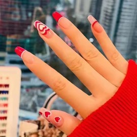 Medium Length Press on Nails, Artificial Acrylic Fake Nails for Women, 24PCS Full Cover Reusable False Nails Kits, Red Love Heart Acrylic Nails Design, Glue on Nails Fake Nails for Nail Art(R437)