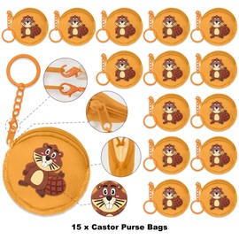 Elecrainbow 15 Pack Beaver Coin Purses with Keyring for Safari Jungle Decor,Castor Favor, Wild Animal Themed Birthday,Anniversary,Khaki