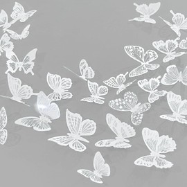 Ewong 3D Butterfly Wall Decor 72Pcs, 10 Styles Black White PVC Butterfly Theme Decoration Birthday Party Cake Wall Decal Removable Home Room Bedroom Bathroom Art Sticker Murals (White)