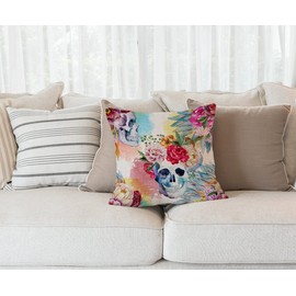 Cotton Linen Pillow Cover Watercolor Flower Peony Pen Boho Skull Pattern Throw Pillow Case Cushion Cover Pillowcase for Sofa Home Bed Decorative 18"x18"