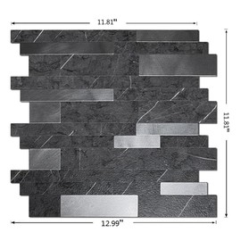 XUANINY 10-Sheet Peel and Stick Metal Backsplash Tiles, Self Adhesive Aluminum 3D Wall Sticker, Wall Panels for Kitchen Bathroom, Bedroom, Living Room(11.81"x11.81") (Dark Grey, 10)