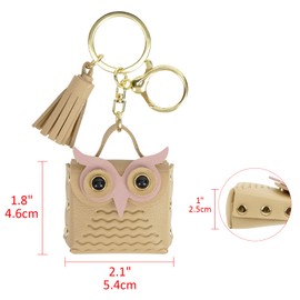 CAIRIAC Mini Coin Purse Keychain Cute Owl Backpack Change Wallet Bags Jewelry Pouch with Keyring for Women Storage Coins, Wireless Earbuds, Rings, Earrings (Khaki)