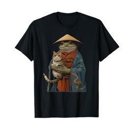 Japanese Woodblock Art: Frog is holding a cat in a kimono T-Shirt for Men Women Kids