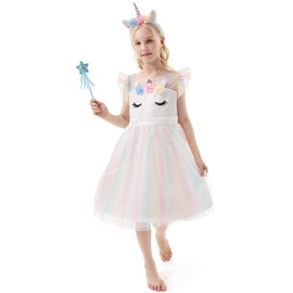 corimori Comfortable Unicorn Dress for Girls with Wings, Headband, Glitter Wand and Tattoos, Unicorn Costume Children's Unicorn Mia, Rainbow 110/116