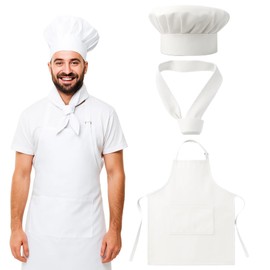 BDBFPAN 3-Piece Set White Apron and Chef Hat, Chef Apron, White Cooking Apron for Men and Women, Practical for Kitchen, Restaurant and Cooking Courses