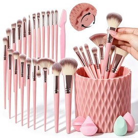 Set de Brochas de Maquillaje Profesional de 26 Piezas con Porta Brochas Giratorio, Incluye 20 Brochas, 2 Esponjas, 2 Borlas para Polvo y 1 Cuchilla de Cejas, para Ojos, Mejillas y Rostro