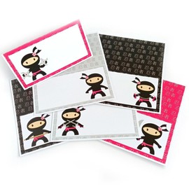 Pink Ninja Place Tent Cards by Adore By Nat - Warrior Birthday Party Food Label or Sign Decoration - Set of 12