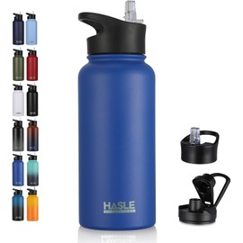 HASLE OUTFITTERS - Botella de agua aislada de acero inoxidable de doble pared con 2 tapas (popote y tapa de boquilla) para gimnasio, camping,