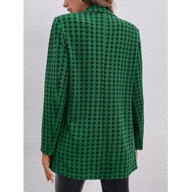 WDIRARA Women's Houndstooth Print Lapel Collar Single Button Work Office Jacket Blazer Green and Black M