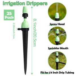 TTioDri Drip Irrigation Emitters for 1/4" Irrigation Tubing, 25 Pack Integrated Drip Irrigation Stream Emitters & Adjustable Atomizing Nozzles with Stake Adjustable 360 Degree Water Flow Sprayer