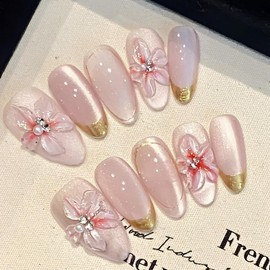24Pcs Gold French Tip Press on Nails Short Almond Fake Nails Embossed Flower with Pearl Rhinestones Glitter Design Full Cover Stick on Nails Spring False Nails for Women Girls Acrylic Nail Decorations