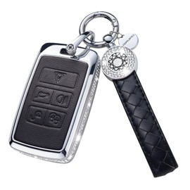 SHANGHONG for LAND ROVER Key Fob Cover with Keychain, Genuine Leather Crystal Key Case Protection Shell Compatible with Land Rover Vogue Range Discovery Rover Sport (Black)