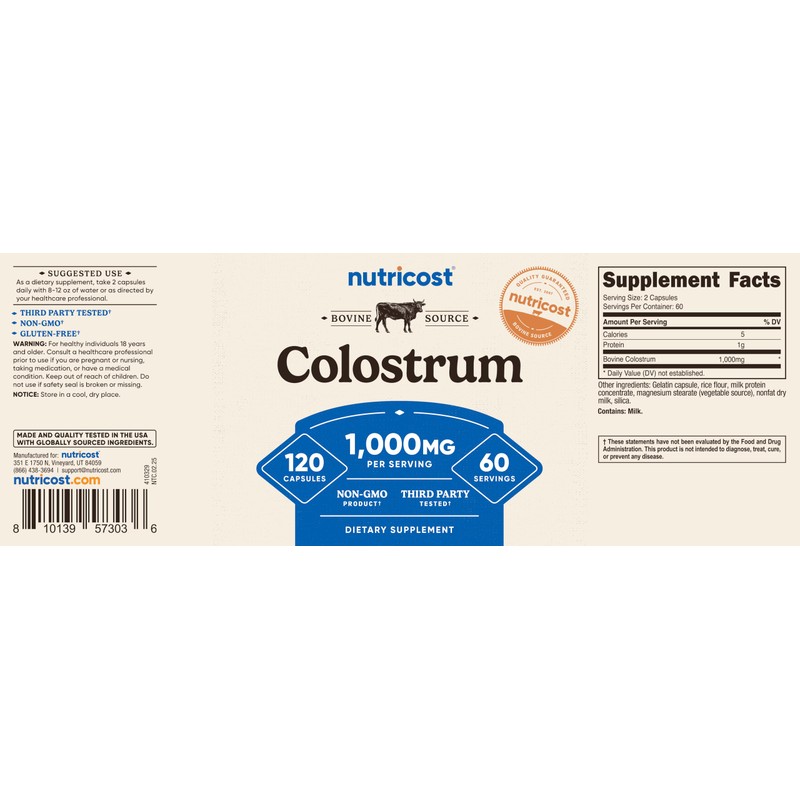 Nutricost Colostrum 1000mg, 120 Caps, 60 Servings (3 Bottles)