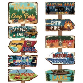 Hooqict 20 Pieces Camping Party Decorations Camping Themed Party Directional Signs for Summer Camp Day Classroom Welcome to Camp Birthday Decor Picnic Yard Sign