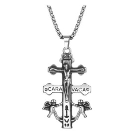 Flongo Caravaca Double Cross Angel Necklace: Jesus Cross Amulet Pendant Chain Silver Stainless Steel Crucifix Cross Necklace Vintage Christian Jewellery Gift for Men and Women, Stainless Steel