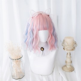 Eileen Short Pink x Blue Wig, Harajuku Style, GAL Type, Heat Resistant, Natural Fluffy, Curly Perm, Medium Wig, Curly Hair, Small Face Effect, Net Included