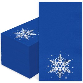 JarThenaAMCS 100Pcs Winter Guest Napkins Foil Silver Snowflake Disposable Paper Napkins Blue Snowflake Dinner Hand Napkins for Xmas Winter Party Supplies