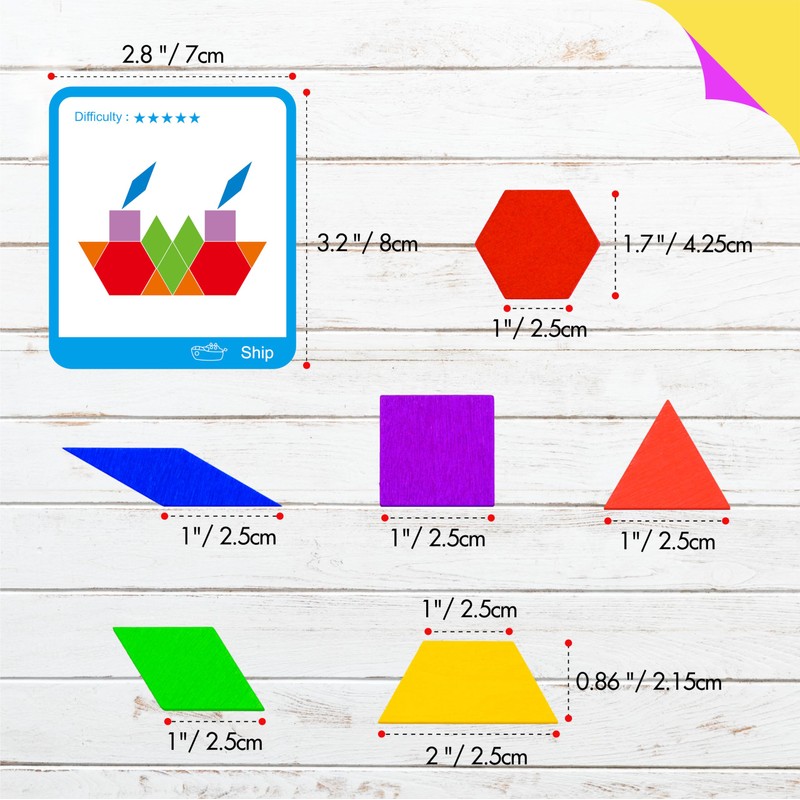 155 PCS Wooden Pattern Blocks Set, 24 Double-Sided Design Cards(48