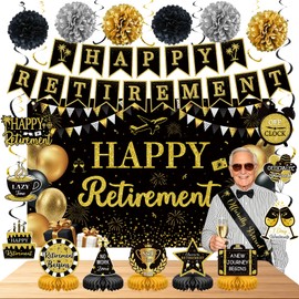 Retirement Party Decorations Black and Gold Happy Retirement Banner for Men Women Farewell Decorations Party Backdrop Sash Honeycomb Centerpiece Paper Cardboard Paper Pompoms Hanging Swirl