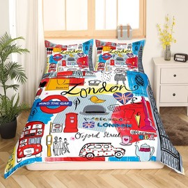 London Themed Bedding Set Red Retro Telephone Booth Duvet Cover For Kids Children Historical European Scenery Comforter Cover Famous City Scene Bedspread Cover Quilt Cover 2Pcs Single Size
