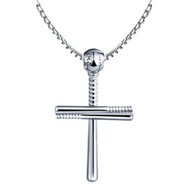 Feilok Men's Necklace with Cross Baseball Pendant Men's Chain Stainless Steel Cross Chain Men's Chain 50 cm Round Box Chain Silver Hip-Hop, Metal