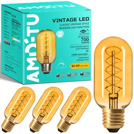 AMDTU Edison Bulbs 60W Equivalent Dimmable, Spiral Ultra-Thin Filament E26 LED Bulbs 7W, 700 Lumen, Warm Yellow 2200K, T45 Amber Glass Tubular Light Bulbs for Lamps, 4 Pack