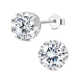 Sllaiss 925 Sterling Silver Earrings for Women Men 6 mm Zirconia Stud Earrings Shiny Zirconia Earrings White Gold Round Zirconia Stud Earrings, Sterling silver, Cubic Zirconia