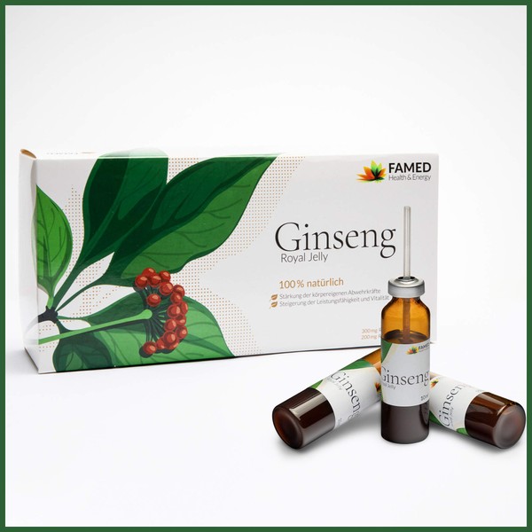 Ginseng Royal Jelly by FAMED – 30 Trinkampullen – reduziert Müdigkeit & stärkt das Immunsystem – 100% natürliche Inhaltsstoffe, hochdosiert, bioverfügbar & laborgeprüft