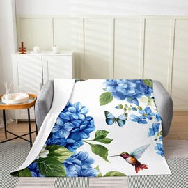 Erosebridal - Manta de hortensias de 40 x 50 pulgadas, manta floral azul para adultos adolescentes, manta de forro polar de colibrí de vida silvestre, colorida manta de cama de mariposa para