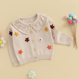 Baby Girl Cardigan Sweater Infant Toddler Floral Embroidered Button Down Knit Sweaters Fall Winter Clothes (Khaki, 3-4 Years)