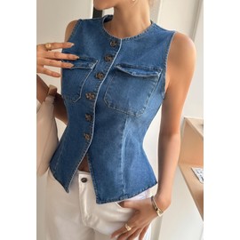 Tankaneo Womens Going Out Denim Vest Tops Trendy Cropped Sleeveless Button Down Fitted Jean Tank Tops Y2K Waistcoat
