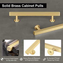 QOGRISUN 2-Pack Solid Brass Cabinet Handles, Gold Square T Bar Cabinet Pulls,15-1/8 Inch Hole Center for Kitchen Dresser Drawer Cupboard, Brushed Brass Finish