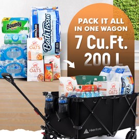 Hikenture Folding Wagon Cart, Portable Large Capacity Beach Wagon, Heavy Duty Utility Collapsible Wagon with All-Terrain Wheels, Outdoor Garden Cart Foldable Wagon for Sports, Shopping, Camping(Black)