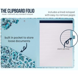Vera Bradley Women's Blue Floral Clipboard Folio with Refillable Lined Notepad, Interior Pocket, and Pen Loop, Cloud Vine