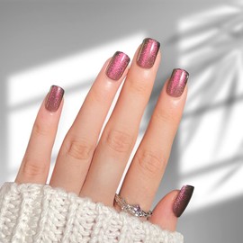 Press on Nails Square Short Fake Nails Glue on Nails Red Gradient Glitters Artificial False Nails Exquisite Cat Eyes Fashion Design Ballet Press on False Nails for Women and Girls