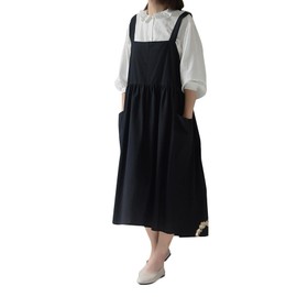 Cooriho Japanese Vintage Cute Cross Back Cotton Linen Pinafore Apron Dress for Women with 2 Pockets for Cooking Painting Gardening