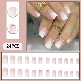 WAFOLOZE Press on Nails Short, Ombre White Nails Press on Square Fake/False Nails with Rhinestones Press ons Designs Acrylic Artificial Nails Stick on Nails for Women 24Pcs