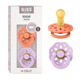 BIBS Boheme chupetes de 2 piezas Libre de BPA., Tetina simétrica. Látex de caucho natural,. Talla 1 (0-6 meses), Papaya/Violet Sky