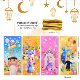 Eid Mubarak Cellophane Treat, Lovely Muslim Ramadan Decorations Cartoon Print Goodie Bags Candy Cellophane Goody Favor Gift Bags for Kids Boys Girls, Muslim Islamic Eid Iftar Diwali Party Supplies