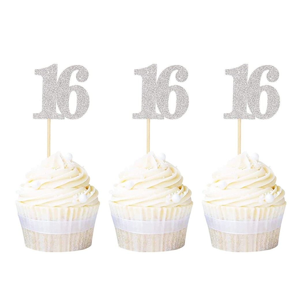 Ercadio Number 16 Cupcake Toppers Silver Glitter Sweet 16th Birthday Cupcake Picks Sixteen Anniversary Party Decoration Supplies 24 PCS