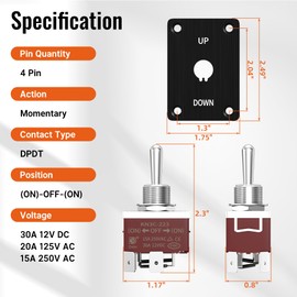 RVBOATPAT Reverse Polarity Toggle Switch 12V 30A, DPDT Momentary (ON)-Off-(ON) Toggle Switch with Up Down Mounting Panel 3 Position 4PIN Wired