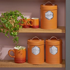 Cooks Professional 3 Piece Storage Canister Set | Labelled Containers for Tea Coffee Sugar | Canisters Sets for Kitchen Accessories & Essentials | Orange & Silver
